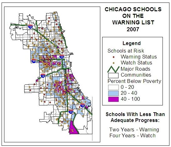 Chicago Schools on Warning List map
